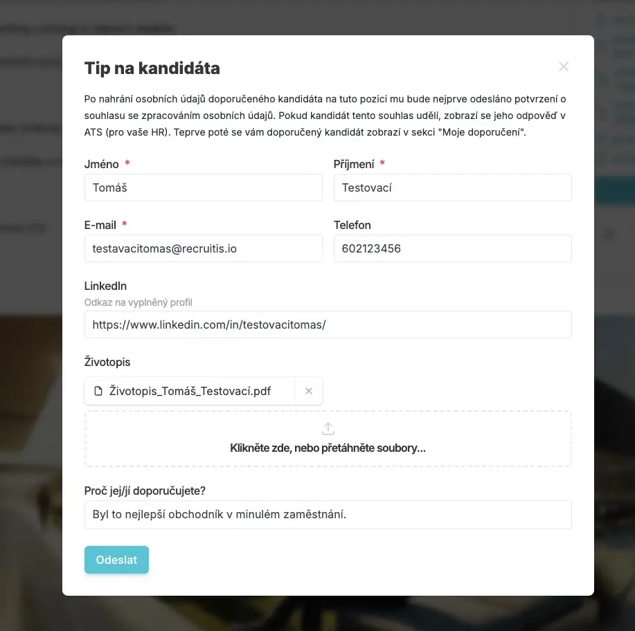 Formulář pro tip na kandidáta v referral programu